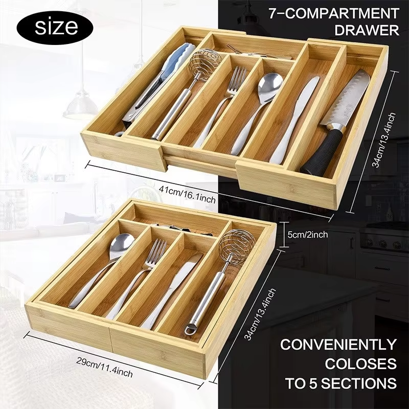 Expandable Bamboo Kitchen Drawer Organizer Cutlery Tray