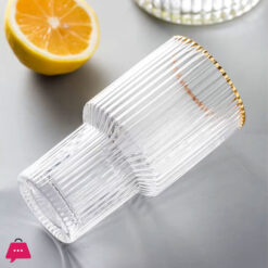 Gold Rimmed Vertical Stripe Ribbed Fluted Bottom Glass Set Of 6 - Glassware Set