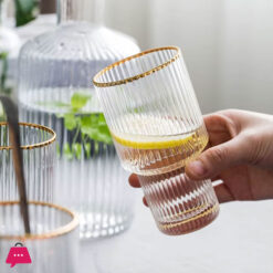 Gold Rimmed Vertical Stripe Ribbed Fluted Bottom Glass Set Of 6 - Glassware Set