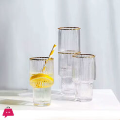 Gold Rimmed Vertical Stripe Ribbed Fluted Bottom Glass Set Of 6 - Glassware Set