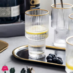 Gold Rimmed Vertical Stripe Ribbed Fluted Bottom Glass Set Of 6 - Glassware Set