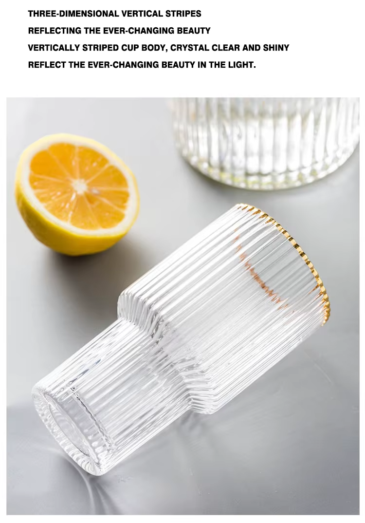 Gold Rimmed Vertical Stripe Ribbed Fluted Bottom Glass Set Of 6 - Glassware Set