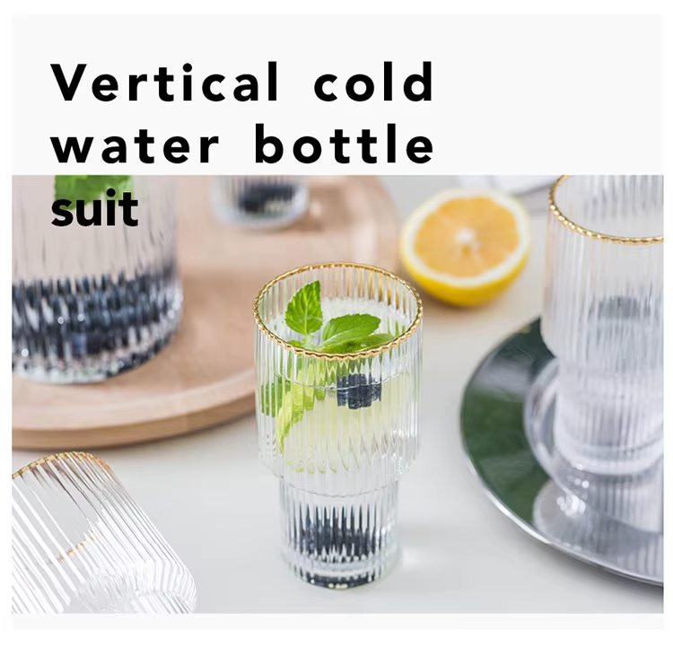 Gold Rimmed Vertical Stripe Ribbed Fluted Bottom Glass Set Of 6 - Glassware Set