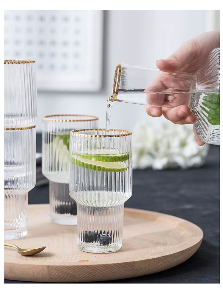 Gold Rimmed Vertical Stripe Ribbed Fluted Bottom Glass Set Of 6 - Glassware Set