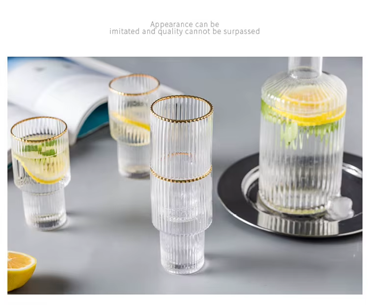 Gold Rimmed Vertical Stripe Ribbed Fluted Bottom Glass Set Of 6 - Glassware Set