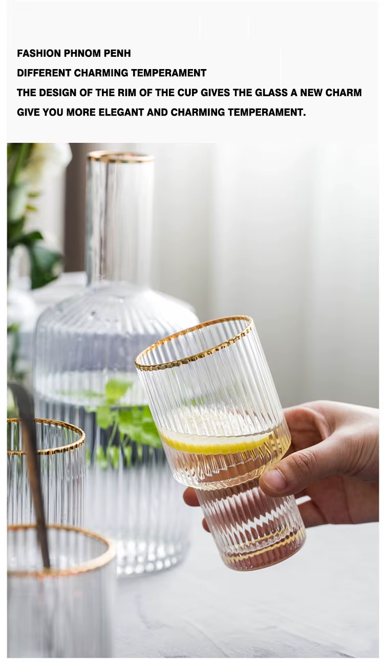 Gold Rimmed Vertical Stripe Ribbed Fluted Bottom Glass Set Of 6 - Glassware Set