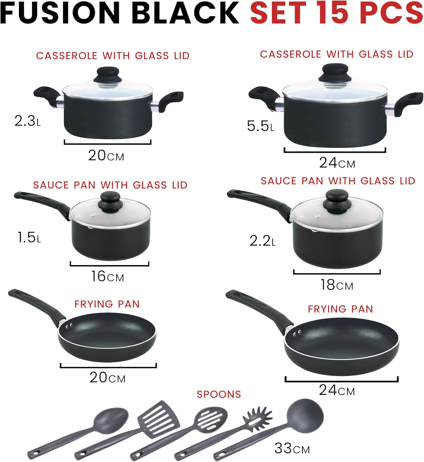 Kitchen King Cookware 15 Pieces Pots And Pans Cooking Set With Lids Non Stick Frying Pans Saucepans And Casserole Dishes Set With 5 Different Spoons Fusion Cooking Set