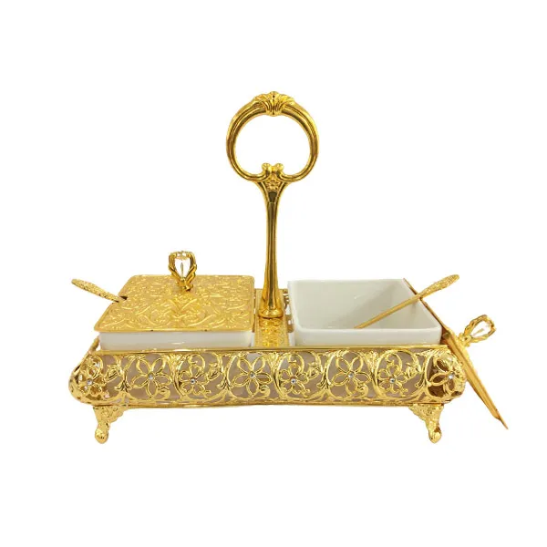Orchid Compartment Dry Fruit Serving Tray With Stand &Amp; Lid &Amp; Spoons Gold
