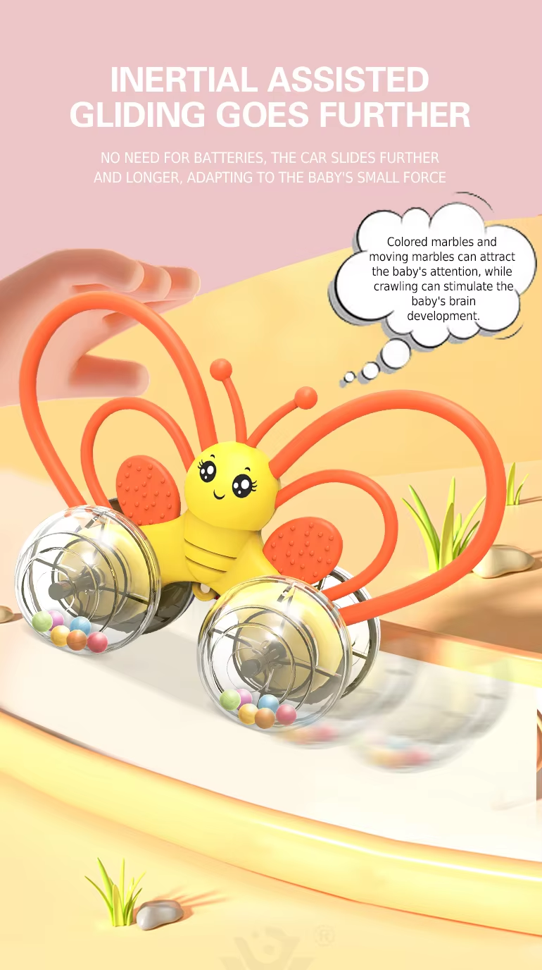 Soft Silicone Teether Rattles Kids Mini Push Car Cartoon Butterfly Sensory Silicone Baby Rattle
