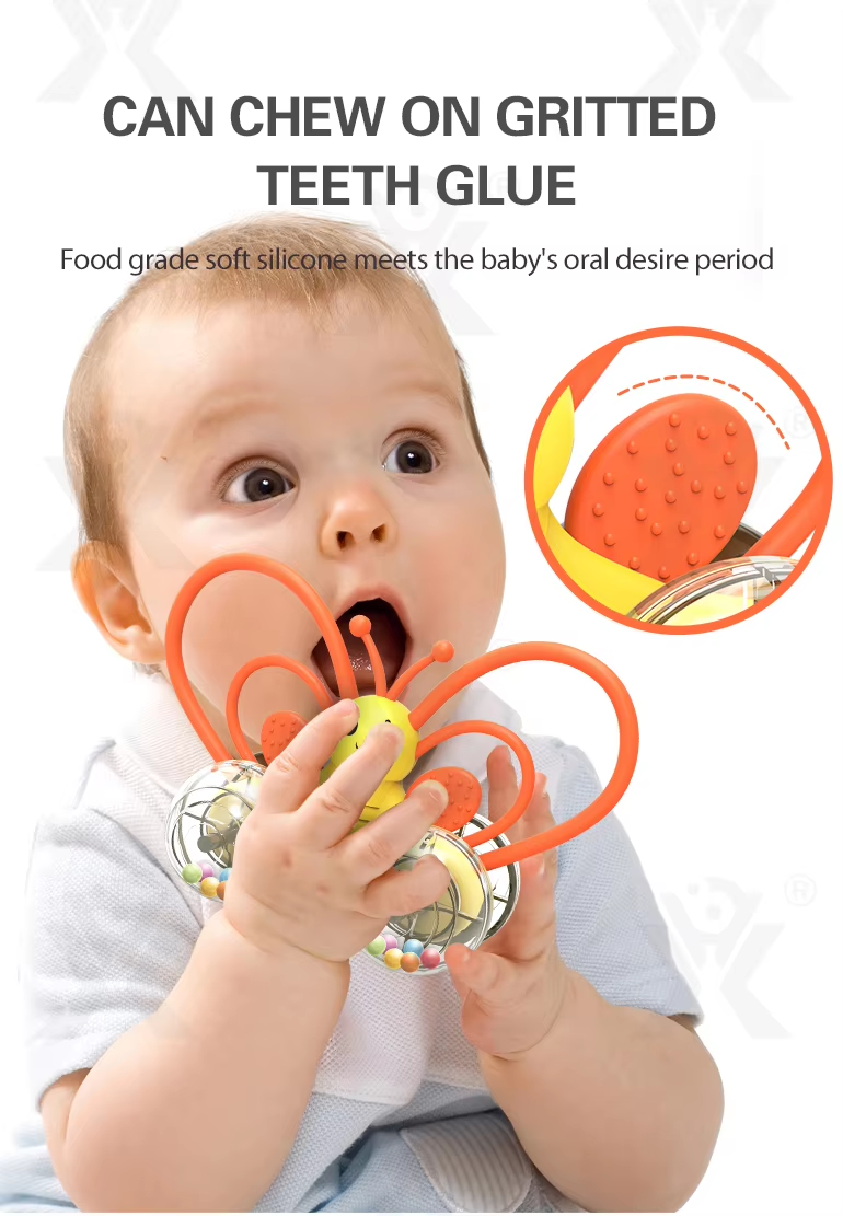 Soft Silicone Teether Rattles Kids Mini Push Car Cartoon Butterfly Sensory Silicone Baby Rattle
