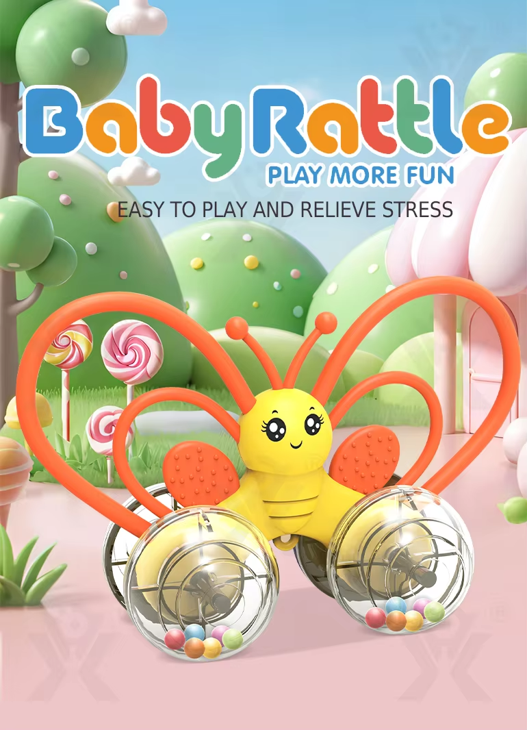 Soft Silicone Teether Rattles Kids Mini Push Car Cartoon Butterfly Sensory Silicone Baby Rattle
