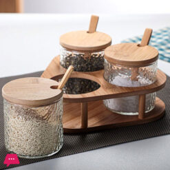 3 Glass Seasoning Jar Set Hammer Mesh Kitchen Condiment Box With Bamboo Lids Tray Spoon Seasoning Container For Spice Salt Sugar