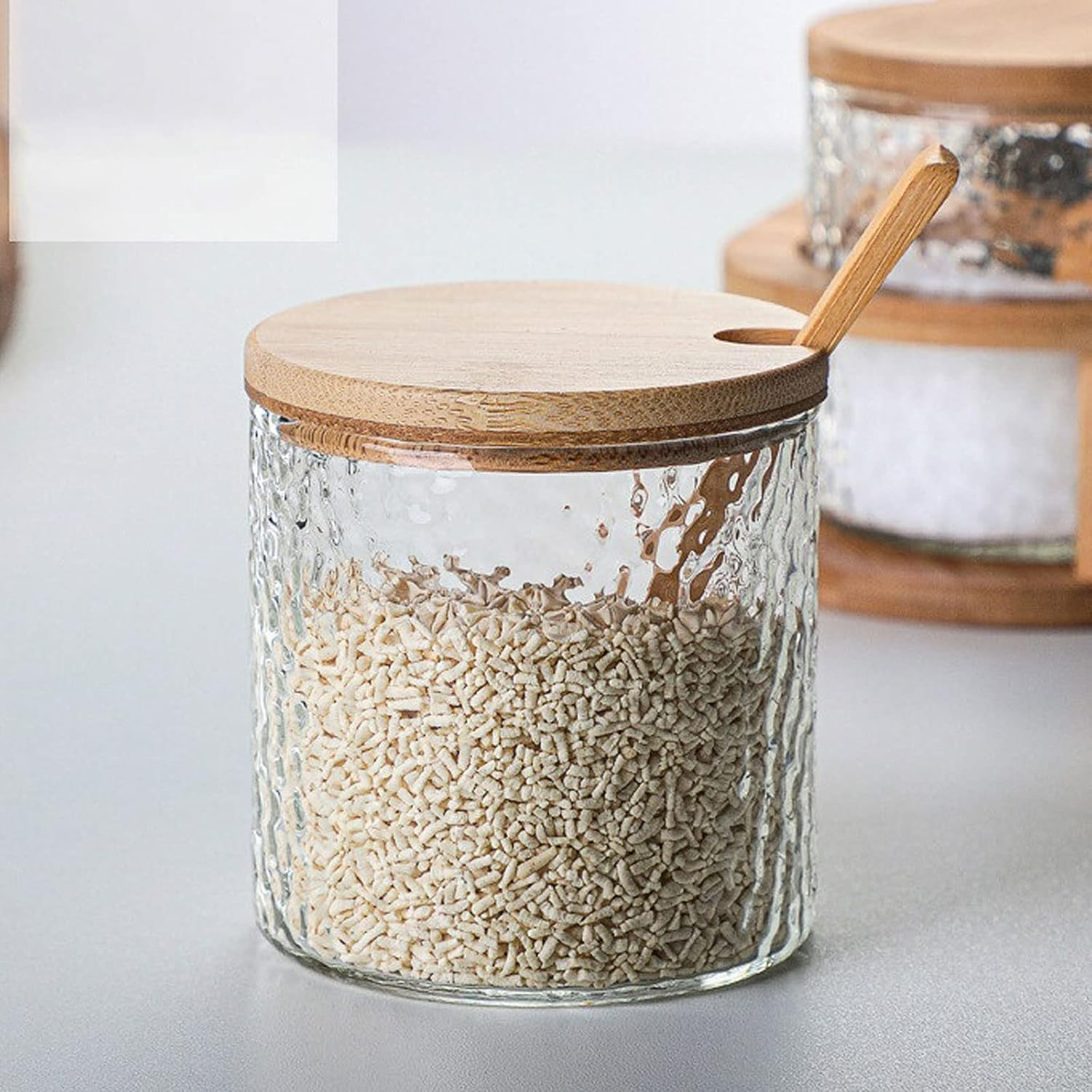 3 Glass Seasoning Jar Set Hammer Mesh Kitchen Condiment Box With Bamboo Lids Tray Spoon Seasoning Container For Spice Salt Sugar
