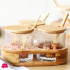 3 Glass Seasoning Jar Set Hammer Mesh Kitchen Condiment Box with Bamboo Lids Tray Spoon Seasoning Container for Spice Salt Sugar