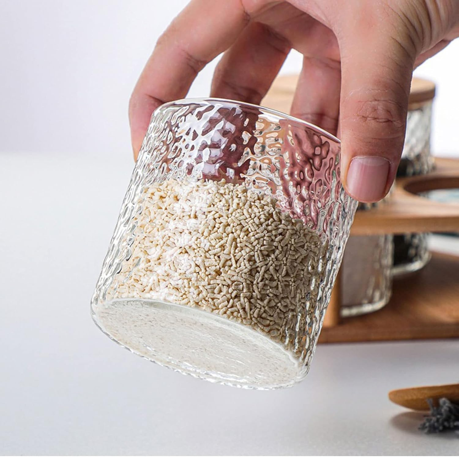 3 Glass Seasoning Jar Set Hammer Mesh Kitchen Condiment Box With Bamboo Lids Tray Spoon Seasoning Container For Spice Salt Sugar