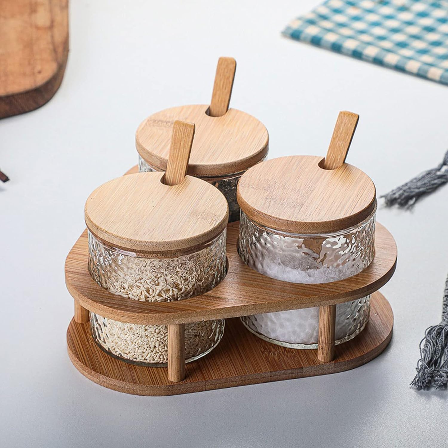 3 Glass Seasoning Jar Set Hammer Mesh Kitchen Condiment Box With Bamboo Lids Tray Spoon Seasoning Container For Spice Salt Sugar