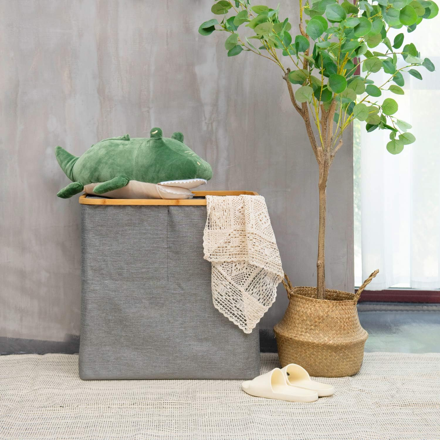 2 Portion Collapsible Laundry Basket With Lid Bamboo Frame For Dirty Clothes Storage