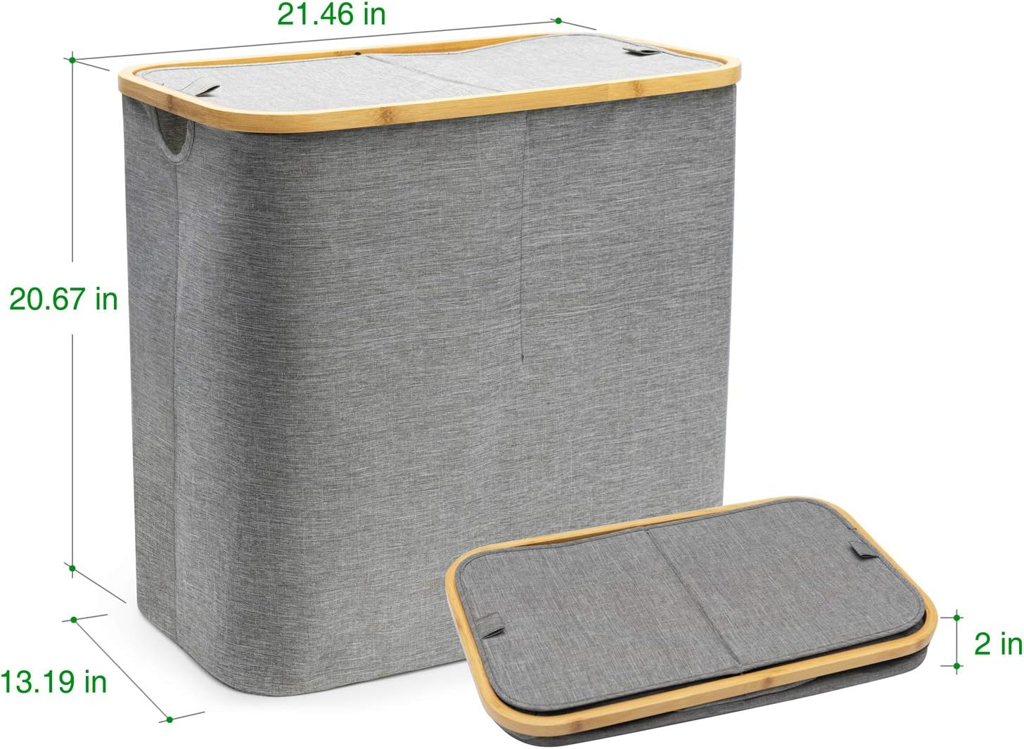2 Portion Collapsible Laundry Basket With Lid Bamboo Frame For Dirty Clothes Storage