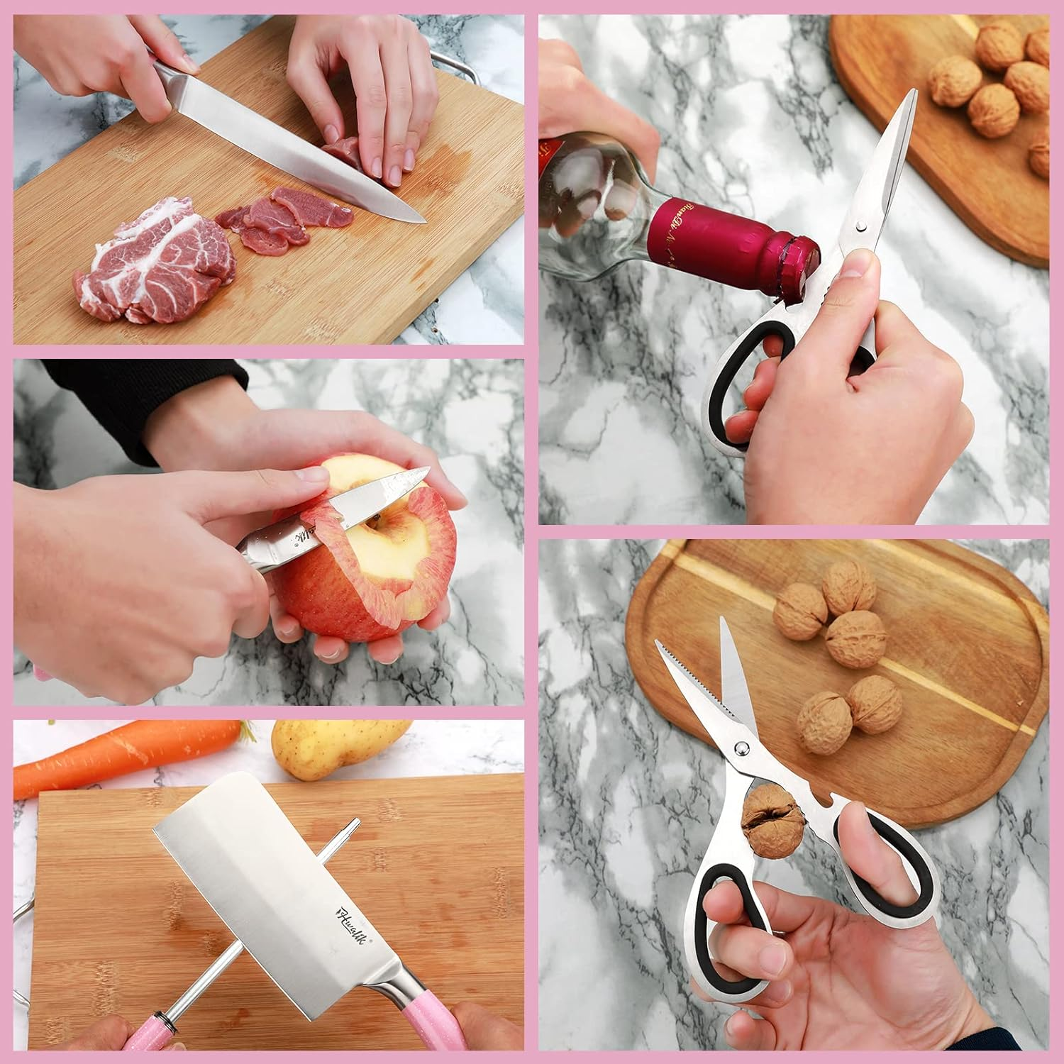 Kitchen Knife Set 9Pcs Pink Wheat Straw Sharp Cooking Knife Set With Acrylic Stand