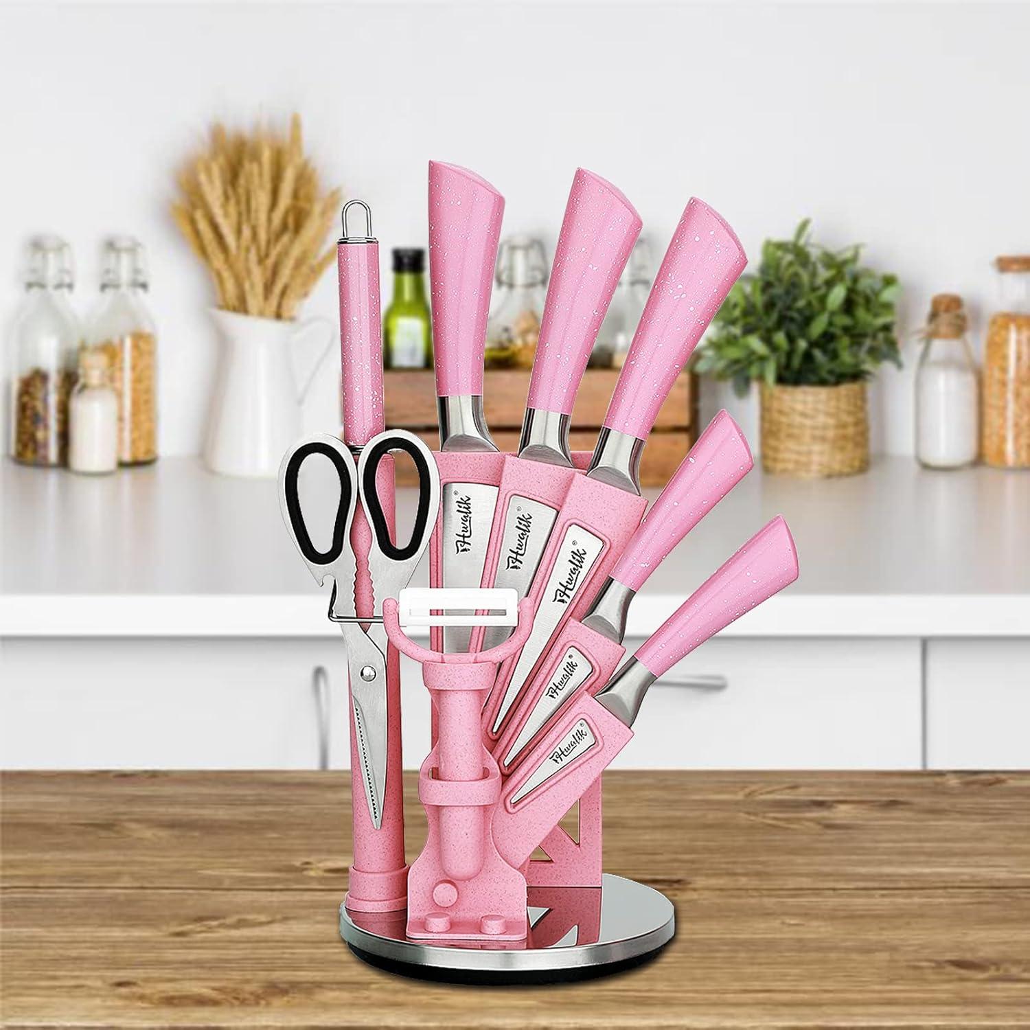Kitchen Knife Set 9Pcs Pink Wheat Straw Sharp Cooking Knife Set With Acrylic Stand