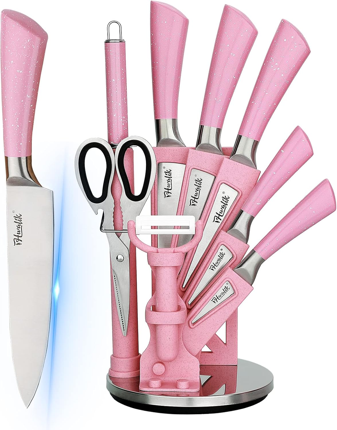 Kitchen Knife Set 9Pcs Pink Wheat Straw Sharp Cooking Knife Set With Acrylic Stand