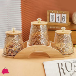 Multipurpose Borosilicate Gourd Storage Jar 3Pcs Set With Wood Stand
