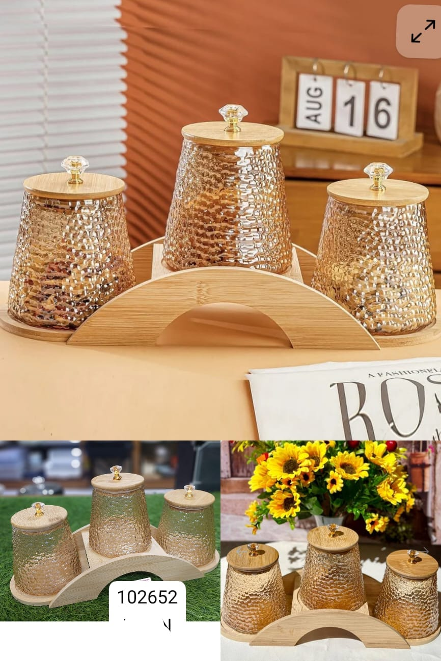 Multipurpose Borosilicate Gourd Storage Jar 3Pcs Set With Wood Stand