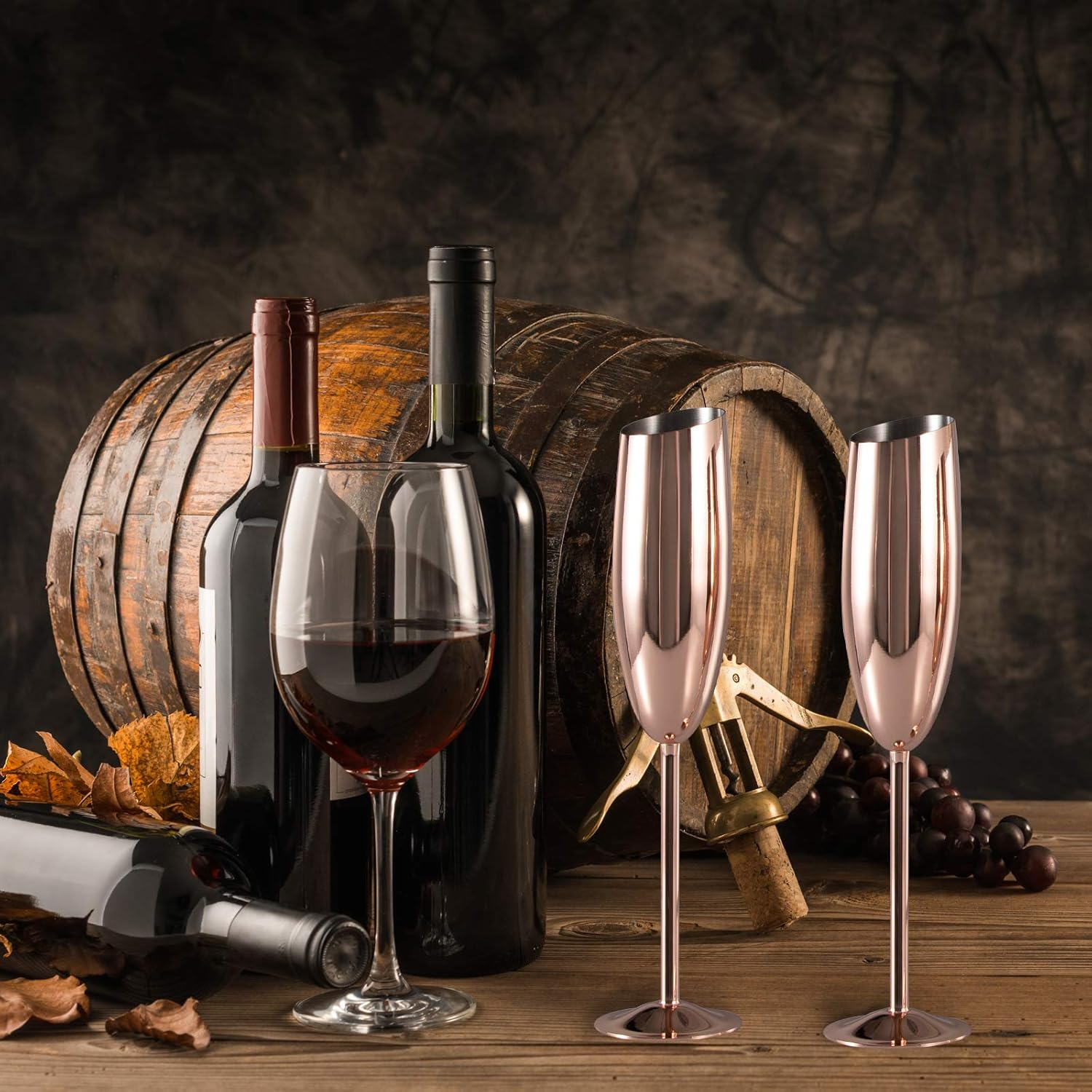 Stainless Steel Champagne Flute Slanted Bowl Wine Long Stem Glass Rose Gold