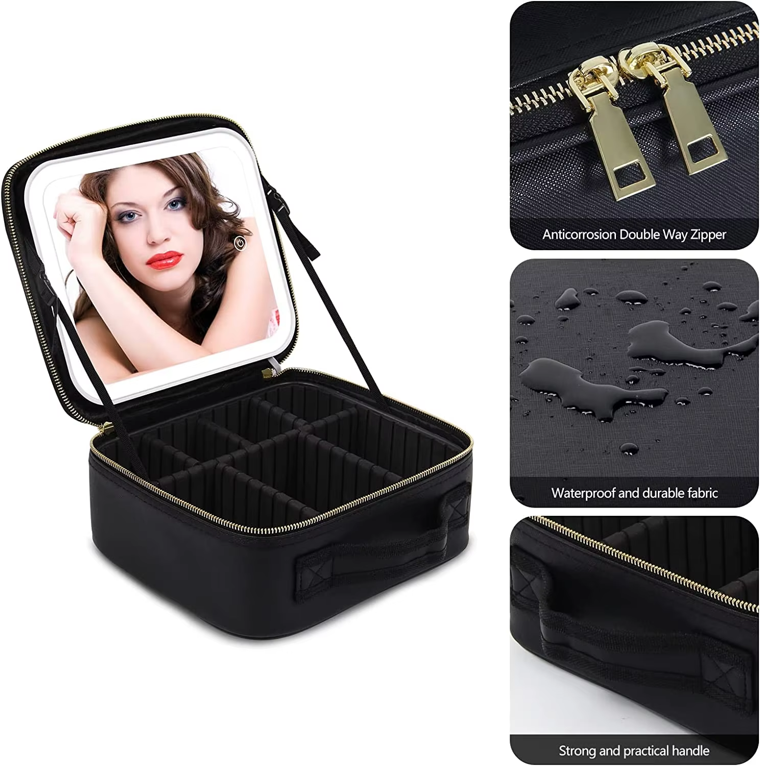 Travel Makeup Bag Case With Led Light Mirror