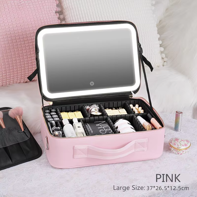 Travel Makeup Bag Case With Led Light Mirror