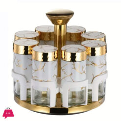 8-Bottle Kitchen Spice Set with Golden Handles - Elegant White & Golden Glass Shaker Jars for Seasonings,