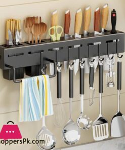 Kitchen Wall Mounted Utensil Rack Knife Holder Cutlery Storage Organiser Shelf with Removable Hooks and Dish Cloth Rack