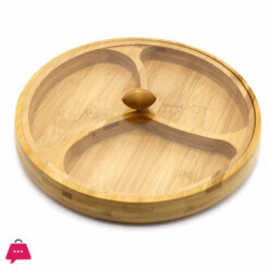 3 Compartment Bamboo Round Presentation Plate Snack Plate with Lid - 28 CM