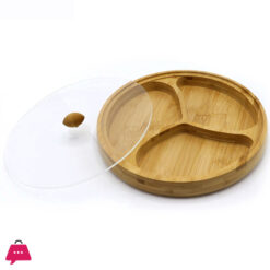 3 Compartment Bamboo Round Presentation Plate Snack Plate With Lid - 28 Cm