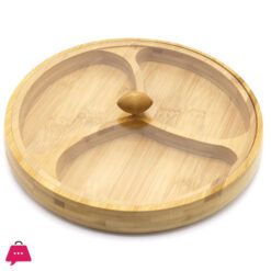 3 Compartment Bamboo Round Presentation Plate Snack Plate With Lid - 28 Cm