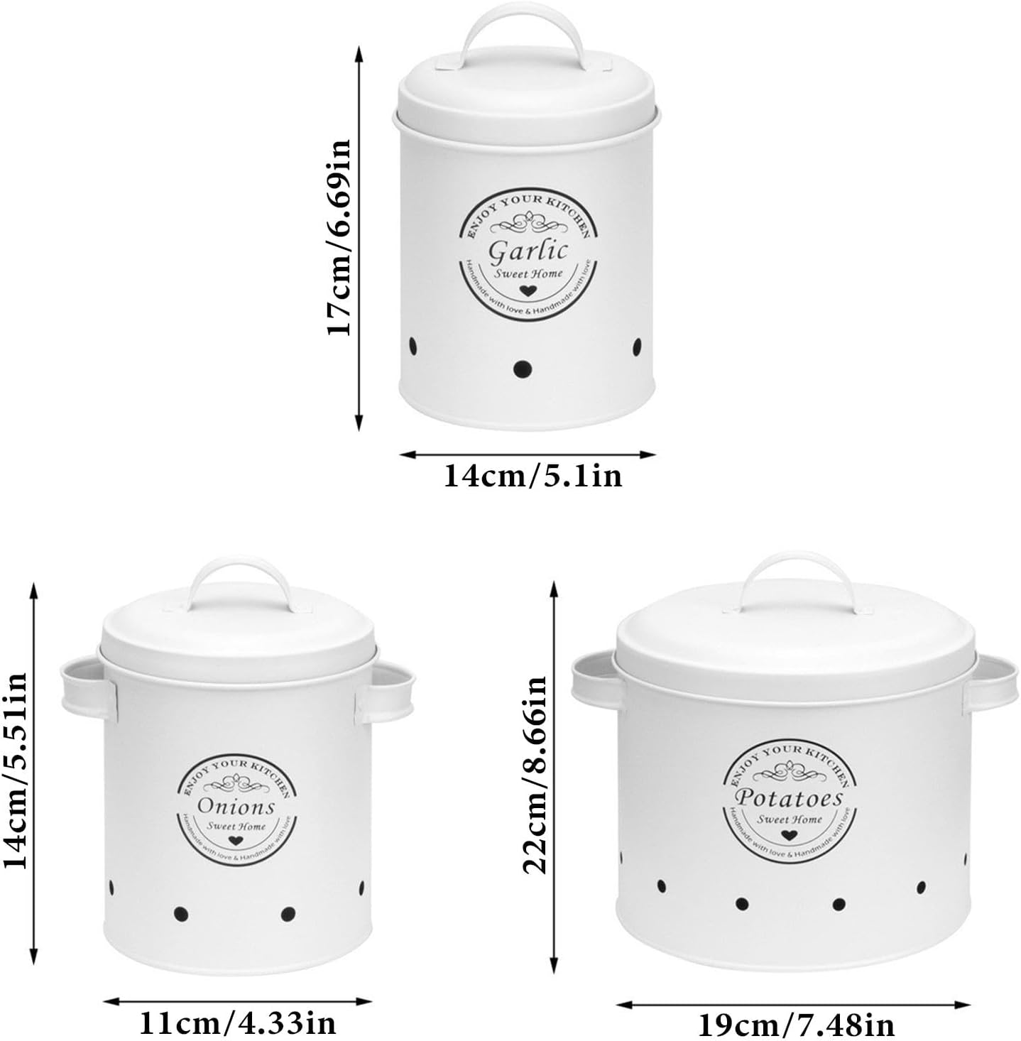 3 Pcs Retro Metal Potato Garlic Onion Storage Containers With 360° Ventilation System