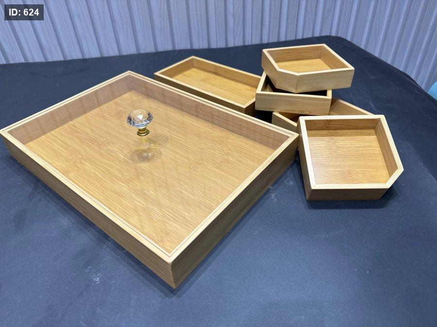 5 Compartments Bamboo Wooden Divided Serving Tray With Lid