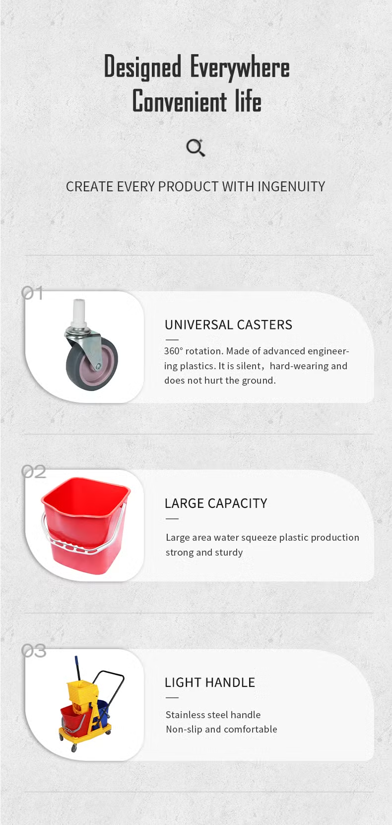 60 Liter Commercial Restaurant Janitorial Cleaning Rolling Industrial Mop Bucket With Down Press Wringer (Triple)