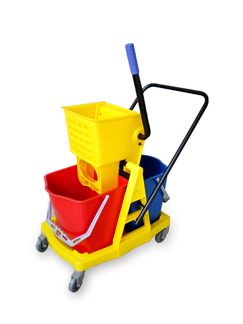 60 Liter Commercial Restaurant Janitorial Cleaning Rolling Industrial Mop Bucket With Down Press Wringer (Triple)