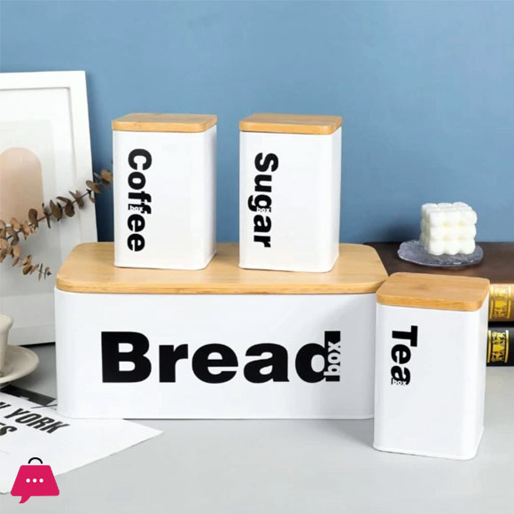 Bread Box with Sugar Tea Coffee 3 Pcs Containers Sets