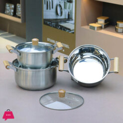 Stainless Steel Cooking Soup Pot Double Bottom With Wooden Handle - 24Cm