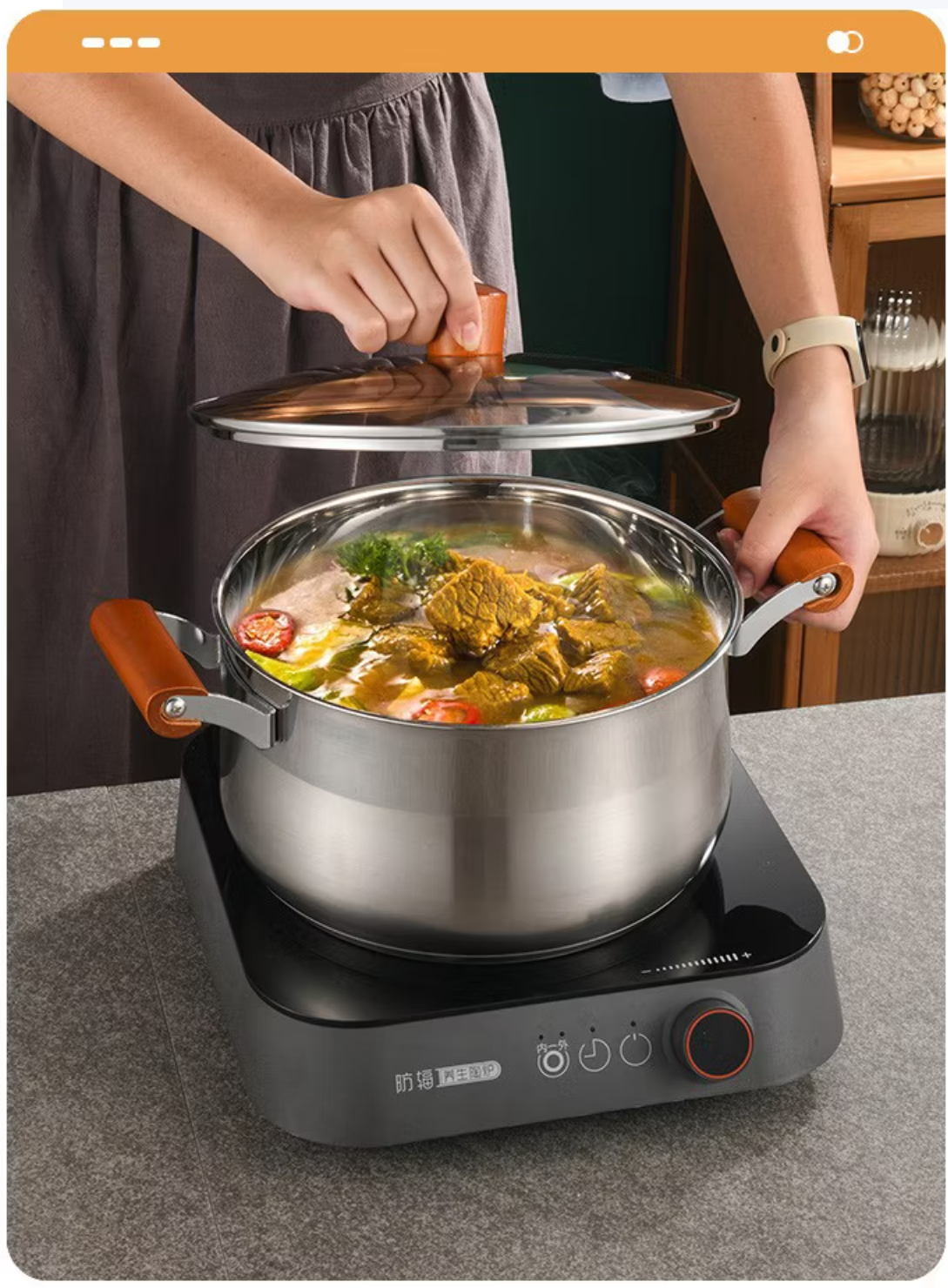 Stainless Steel Cooking Soup Pot Double Bottom With Wooden Handle - 24Cm 22 Stainless Steel Cooking Soup Pot Double Bottom With Wooden Handle - 24Cm