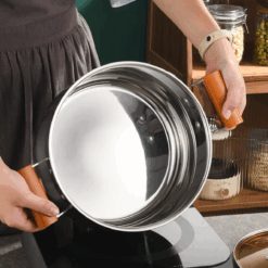 Stainless Steel Cooking Soup Pot Double Bottom With Wooden Handle - 24Cm