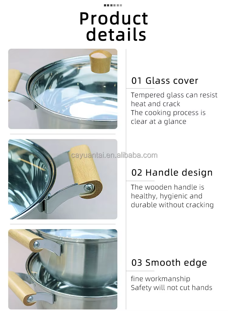 Stainless Steel Cooking Soup Pot Double Bottom With Wooden Handle - 24Cm