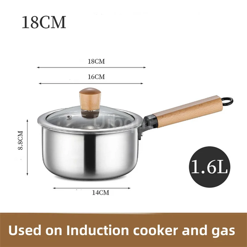 Stainless Steel Sauce Pan With Wooden Handle And Pyrex Glass Lid - 18Cm