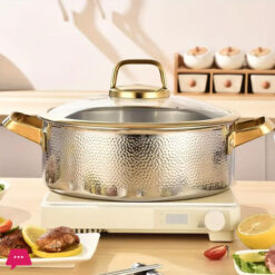Three-Layer Stainless Steel Cooking Pot 304 Stainless Steel Soup Pot, with a Gold-Edged Glass Lid, Hand-Hammered Textured - 30CM