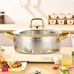 Three-Layer Stainless Steel Cooking Pot 304 Stainless Steel Soup Pot, With A Gold-Edged Glass Lid, Hand-Hammered Textured - 30Cm