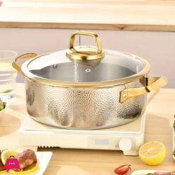 Three-Layer Stainless Steel Cooking Pot 304 Stainless Steel Soup Pot, With A Gold-Edged Glass Lid, Hand-Hammered Textured - 30Cm