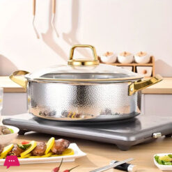 Three-Layer Stainless Steel Cooking Pot 304 Stainless Steel Soup Pot, With A Gold-Edged Glass Lid, Hand-Hammered Textured - 30Cm