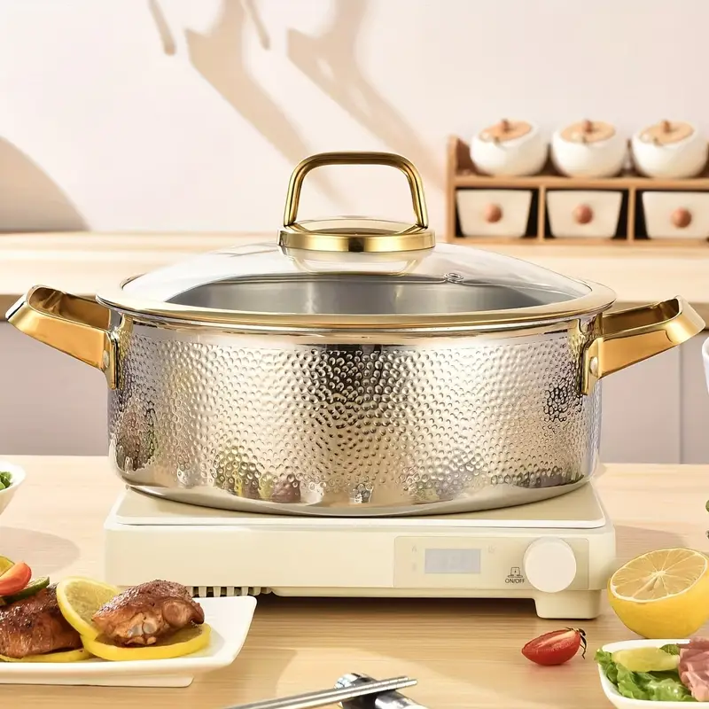 Three-Layer Stainless Steel Cooking Pot 304 Stainless Steel Soup Pot, With A Gold-Edged Glass Lid, Hand-Hammered Textured - 30Cm 14 Three-Layer Stainless Steel Cooking Pot 304 Stainless Steel Soup Pot, With A Gold-Edged Glass Lid, Hand-Hammered Textured - 30Cm